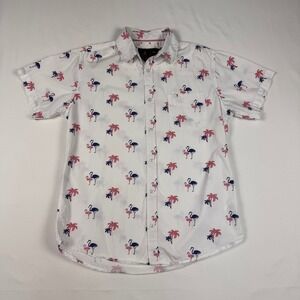 Rugby University 100% Cotton Button Up Men M White Flamingo Palm Tree Patriotic